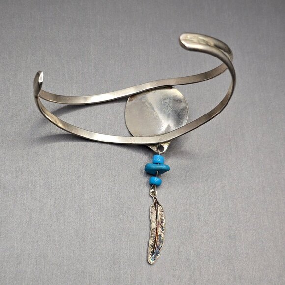 VTG Southwestern Sterling Silver Bracelet 6.75" Crushed Turquoise Feather Charm - Picture 7 of 15